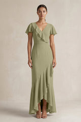 Rufffled V - Neck Sheath Chiffon Bridesmaid Dress in Thyme - KissProm Bridesmaid Dresses