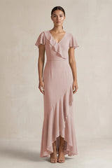 Rufffled V - Neck Sheath Chiffon Bridesmaid Dress in Toffee - KissProm Bridesmaid Dresses