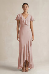 Rufffled V - Neck Sheath Chiffon Bridesmaid Dress in Toffee - KissProm Bridesmaid Dresses