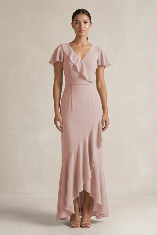 Rufffled V - Neck Sheath Chiffon Bridesmaid Dress in Toffee - KissProm Bridesmaid Dresses