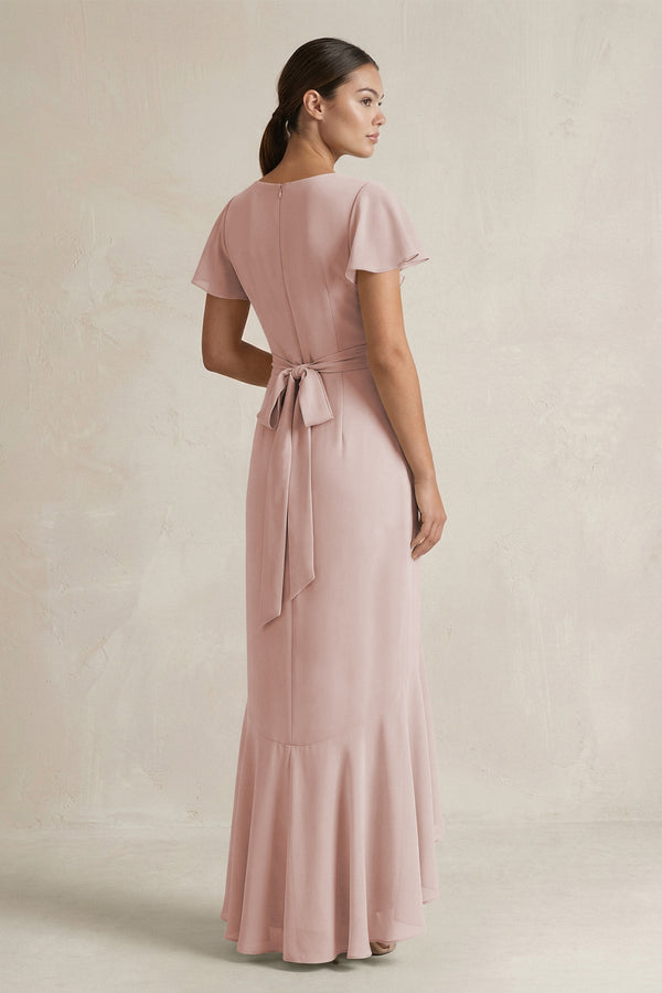 Rufffled V - Neck Sheath Chiffon Bridesmaid Dress in Toffee - KissProm Bridesmaid Dresses