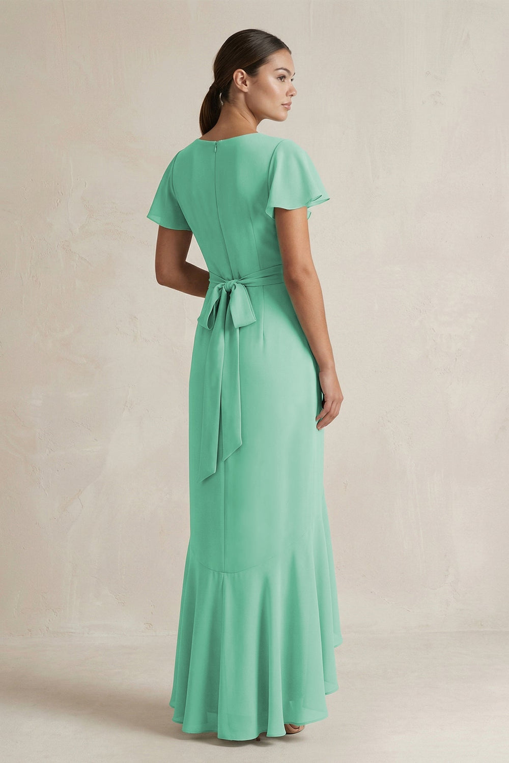 Rufffled V - Neck Sheath Chiffon Bridesmaid Dress in Turquoise - KissProm Bridesmaid Dresses