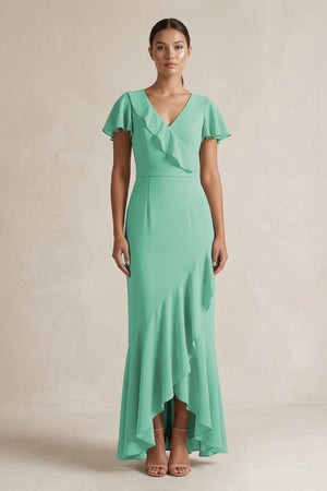 Rufffled V - Neck Sheath Chiffon Bridesmaid Dress in Turquoise - KissProm Bridesmaid Dresses