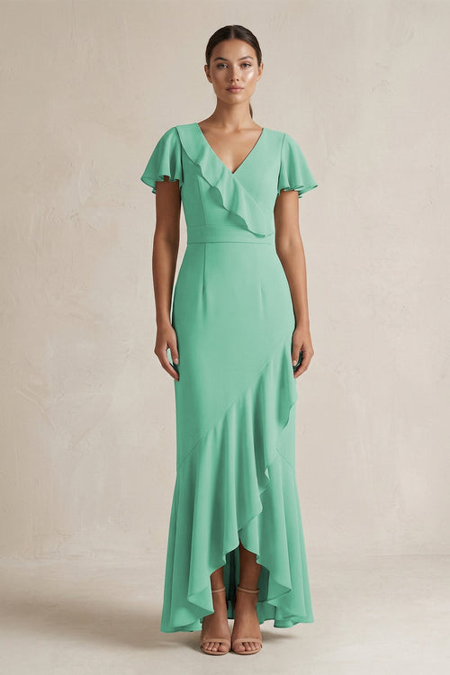 Rufffled V - Neck Sheath Chiffon Bridesmaid Dress in Turquoise - KissProm Bridesmaid Dresses