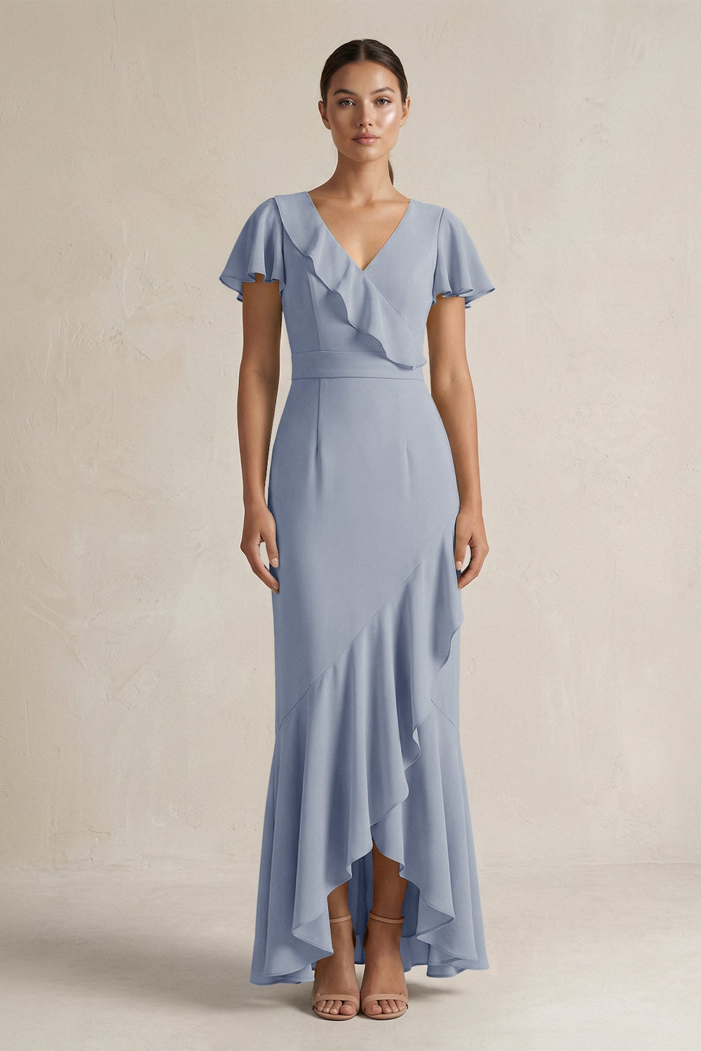 Rufffled V - Neck Sheath Chiffon Bridesmaid Dress in Twilight - KissProm Bridesmaid Dresses