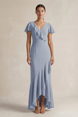 Rufffled V - Neck Sheath Chiffon Bridesmaid Dress in Twilight - KissProm Bridesmaid Dresses