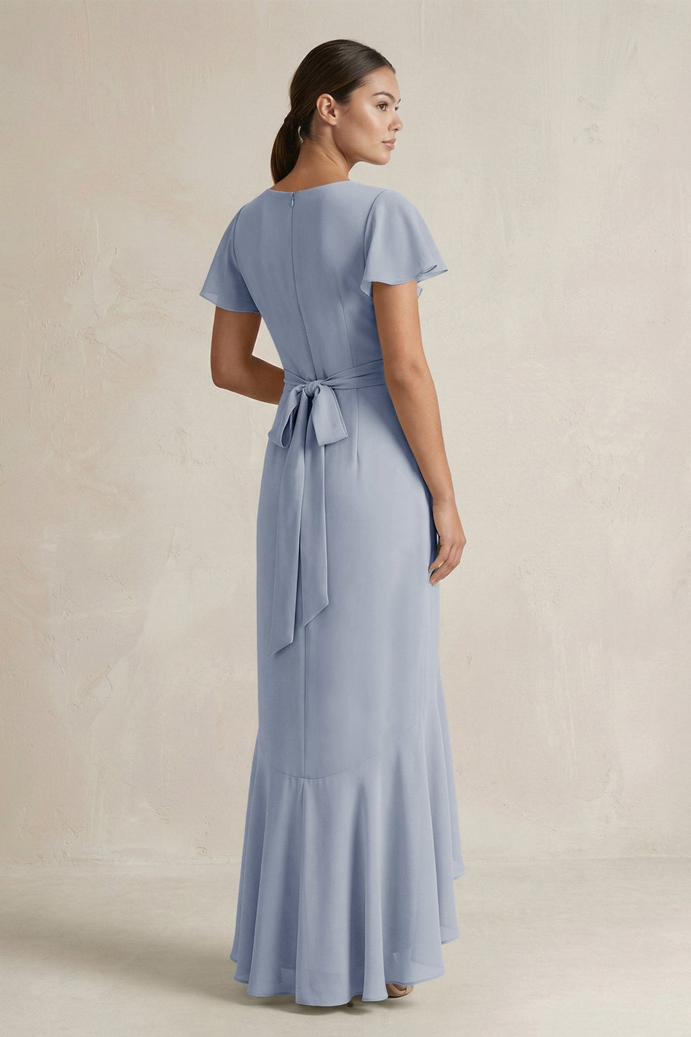 Rufffled V - Neck Sheath Chiffon Bridesmaid Dress in Twilight - KissProm Bridesmaid Dresses