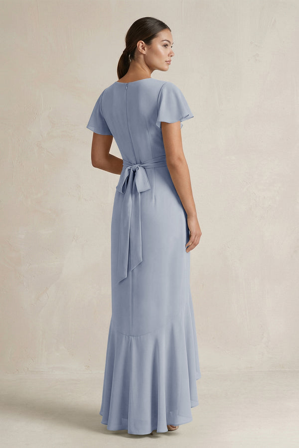 Rufffled V - Neck Sheath Chiffon Bridesmaid Dress in Twilight - KissProm Bridesmaid Dresses