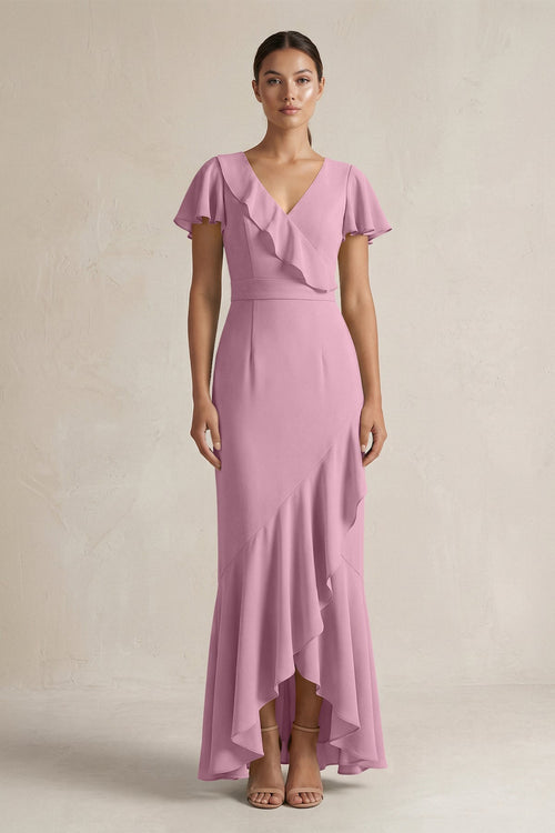 Rufffled V - Neck Sheath Chiffon Bridesmaid Dress in Vintage Mauve - KissProm Bridesmaid Dresses