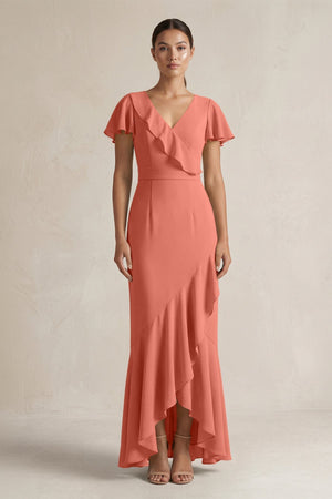Rufffled V - Neck Sheath Chiffon Bridesmaid Dress in Wild Rose - KissProm Bridesmaid Dresses