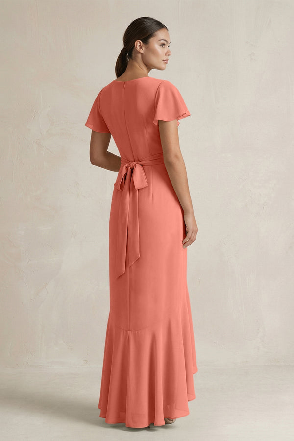 Rufffled V - Neck Sheath Chiffon Bridesmaid Dress in Wild Rose - KissProm Bridesmaid Dresses