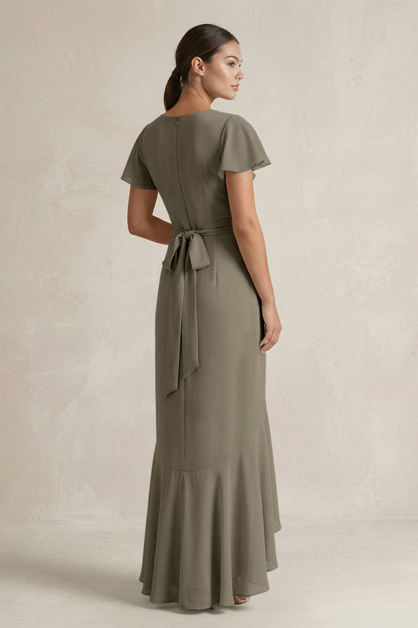 Rufffled V - Neck Sheath Chiffon Bridesmaid Dress in Willow Green - KissProm Bridesmaid Dresses