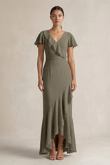 Rufffled V - Neck Sheath Chiffon Bridesmaid Dress in Willow Green - KissProm Bridesmaid Dresses