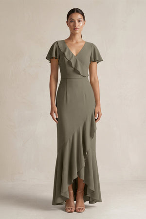Rufffled V - Neck Sheath Chiffon Bridesmaid Dress in Willow Green - KissProm Bridesmaid Dresses