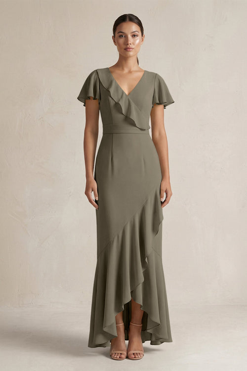 Rufffled V - Neck Sheath Chiffon Bridesmaid Dress in Willow Green - KissProm Bridesmaid Dresses