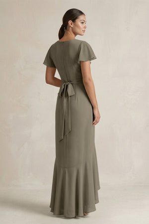 Rufffled V - Neck Sheath Chiffon Bridesmaid Dress in Willow Green - KissProm Bridesmaid Dresses