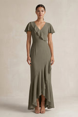 Rufffled V - Neck Sheath Chiffon Bridesmaid Dress in Willow Green - KissProm Bridesmaid Dresses