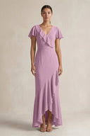 Rufffled V - Neck Sheath Chiffon Bridesmaid Dress in Wisteria - KissProm Bridesmaid Dresses