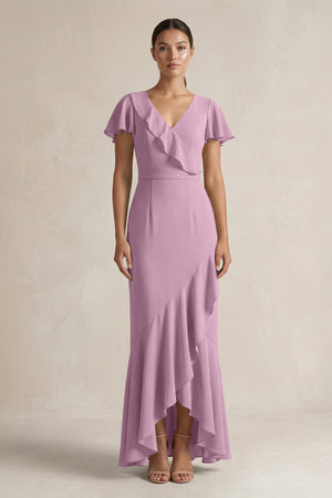 Rufffled V - Neck Sheath Chiffon Bridesmaid Dress in Wisteria - KissProm Bridesmaid Dresses