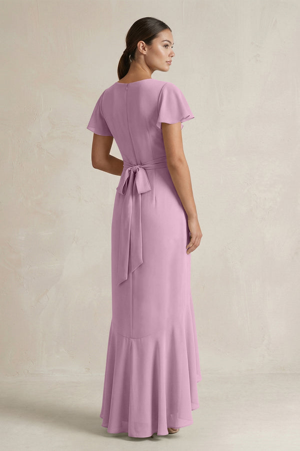 Rufffled V - Neck Sheath Chiffon Bridesmaid Dress in Wisteria - KissProm Bridesmaid Dresses