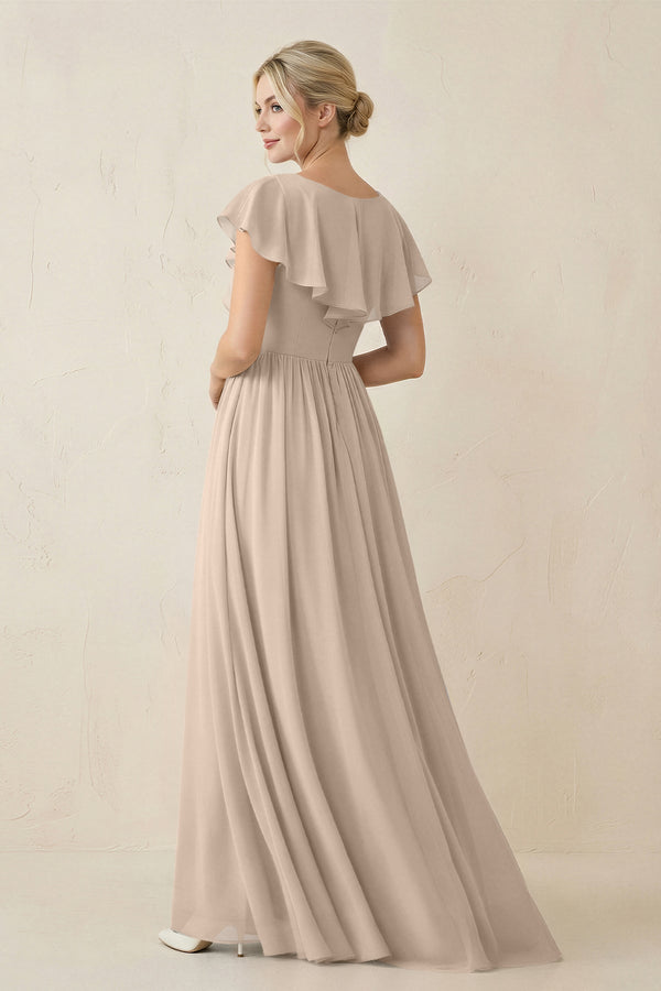 Cap Sleeve A-Line Ruffled Chiffon Bridesmaid Dress in Almond, Almond / 0