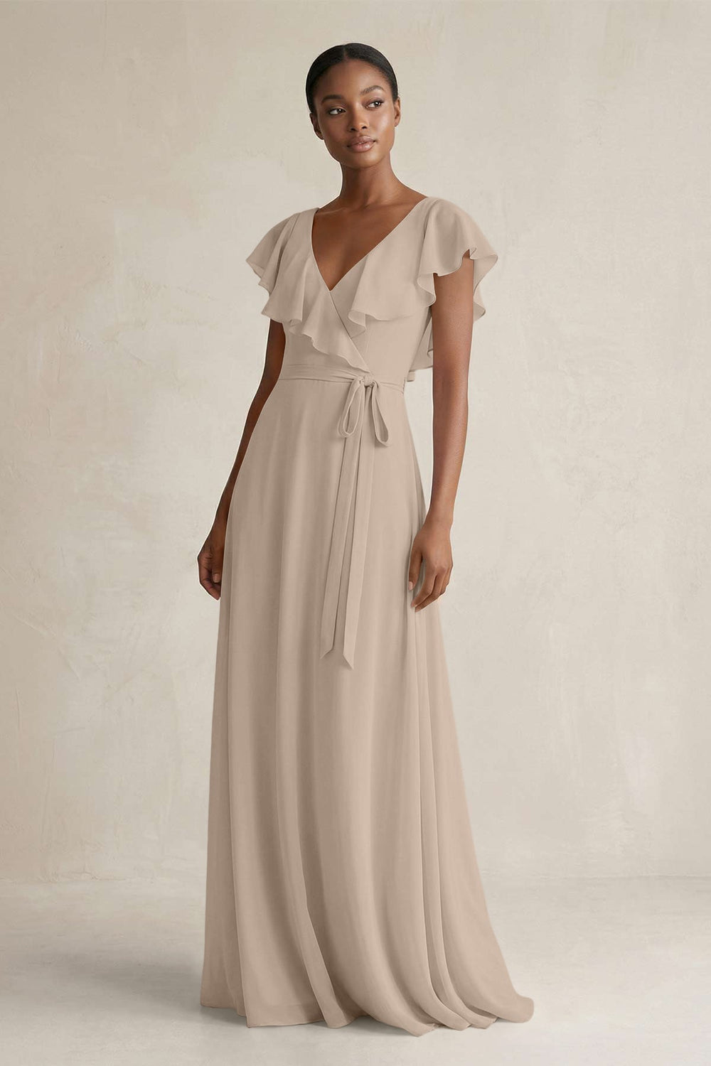 A-Line V-Neck Ruffled Sleeve Chiffon Bridesmaid Dress in Almond - KissProm BRIDESMAID DRESSES