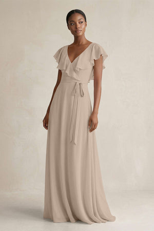 A-Line V-Neck Ruffled Sleeve Chiffon Bridesmaid Dress in Almond - KissProm BRIDESMAID DRESSES