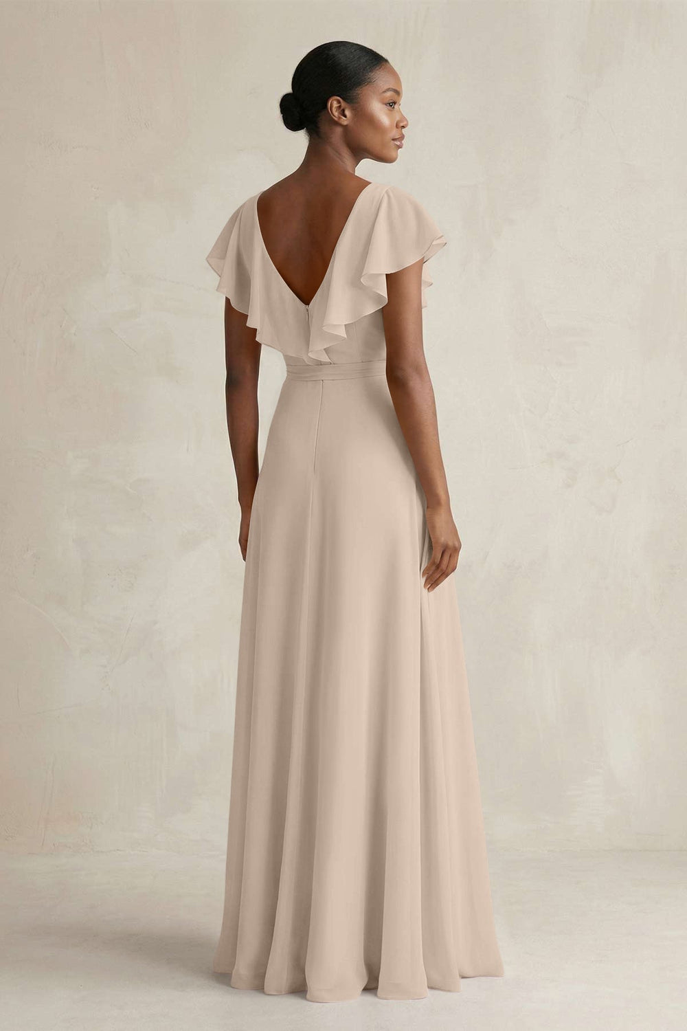 A-Line V-Neck Ruffled Sleeve Chiffon Bridesmaid Dress in Almond - KissProm BRIDESMAID DRESSES