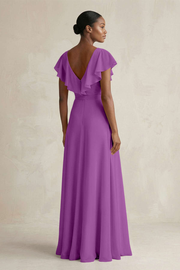 A-Line V-Neck Ruffled Sleeve Chiffon Bridesmaid Dress in Amethyst - KissProm BRIDESMAID DRESSES