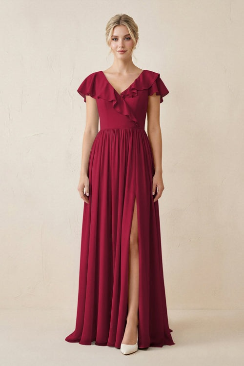 Cap Sleeve A-Line Ruffled Chiffon Bridesmaid Dress in Berry, Berry / 4