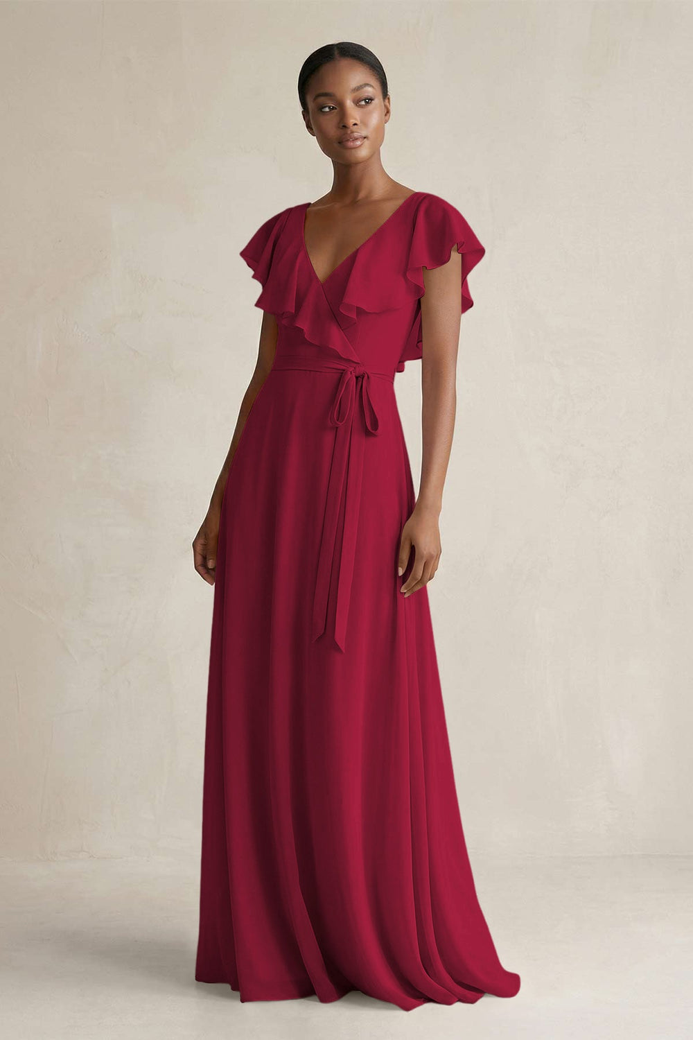 A-Line V-Neck Ruffled Sleeve Chiffon Bridesmaid Dress in Berry - KissProm BRIDESMAID DRESSES