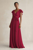 A-Line V-Neck Ruffled Sleeve Chiffon Bridesmaid Dress in Berry - KissProm BRIDESMAID DRESSES