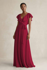 A-Line V-Neck Ruffled Sleeve Chiffon Bridesmaid Dress in Berry - KissProm BRIDESMAID DRESSES