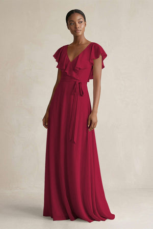A-Line V-Neck Ruffled Sleeve Chiffon Bridesmaid Dress in Berry - KissProm BRIDESMAID DRESSES