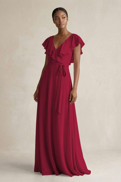 A-Line V-Neck Ruffled Sleeve Chiffon Bridesmaid Dress in Berry - KissProm BRIDESMAID DRESSES