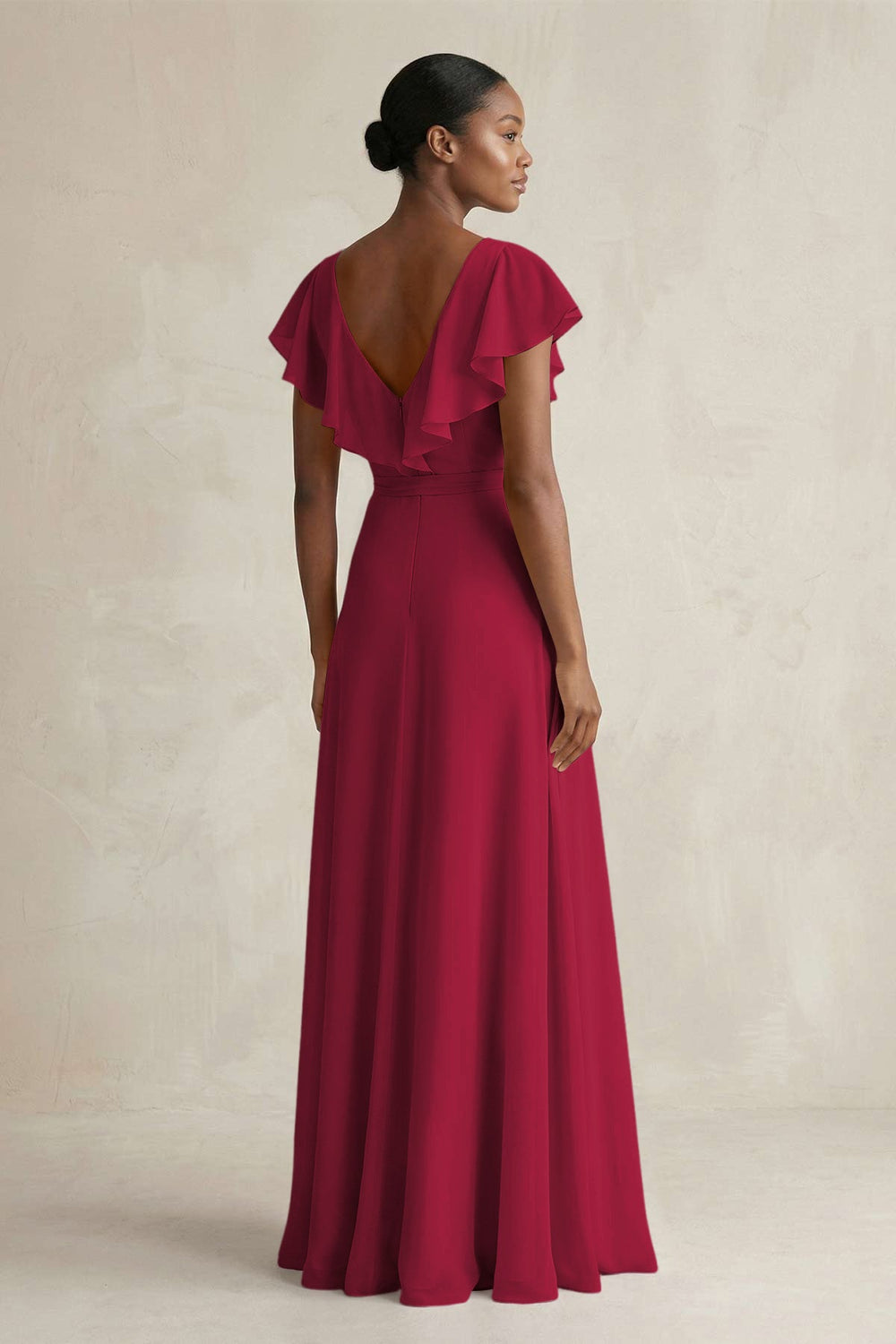 A-Line V-Neck Ruffled Sleeve Chiffon Bridesmaid Dress in Berry - KissProm BRIDESMAID DRESSES