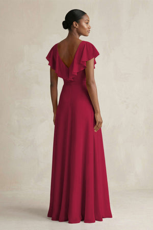 A-Line V-Neck Ruffled Sleeve Chiffon Bridesmaid Dress in Berry - KissProm BRIDESMAID DRESSES