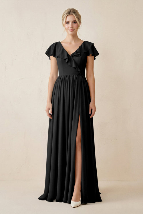 Cap Sleeve A-Line Ruffled Chiffon Bridesmaid Dress in Black, Black / 4