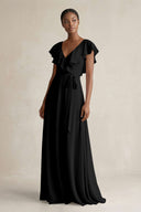A-Line V-Neck Ruffled Sleeve Chiffon Bridesmaid Dress in Black - KissProm BRIDESMAID DRESSES