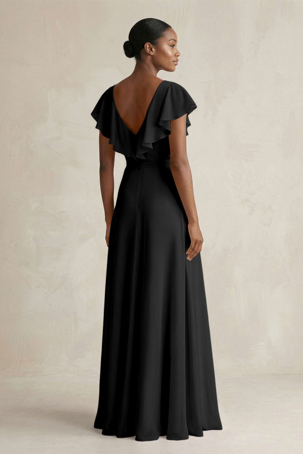 A-Line V-Neck Ruffled Sleeve Chiffon Bridesmaid Dress in Black - KissProm BRIDESMAID DRESSES