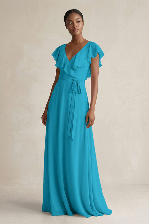 frilly blue dress Halter V Neck Ruffle Blue Satin High Slit Long Prom Dress, V Neck Blue –  abcprom main image 1