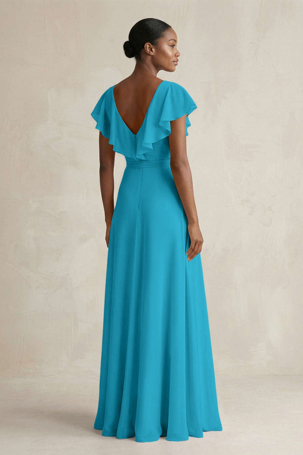 A-Line V-Neck Ruffled Sleeve Chiffon Bridesmaid Dress in Blue Jay - KissProm BRIDESMAID DRESSES