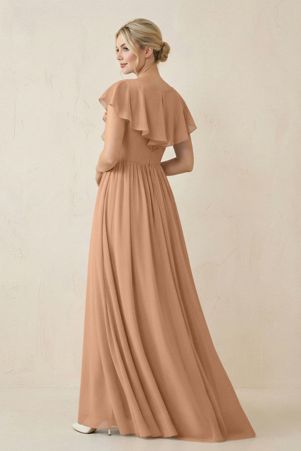 Cap Sleeve A-Line Ruffled Chiffon Bridesmaid Dress in Bronzer