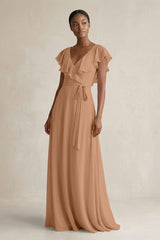 A-Line V-Neck Ruffled Sleeve Chiffon Bridesmaid Dress in Bronzer - KissProm BRIDESMAID DRESSES