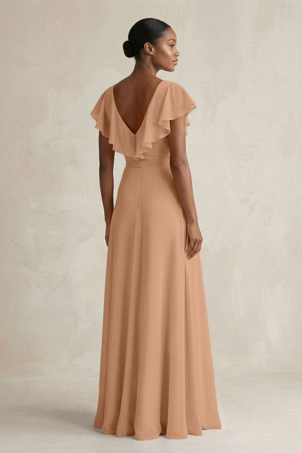 A-Line V-Neck Ruffled Sleeve Chiffon Bridesmaid Dress in Bronzer - KissProm BRIDESMAID DRESSES