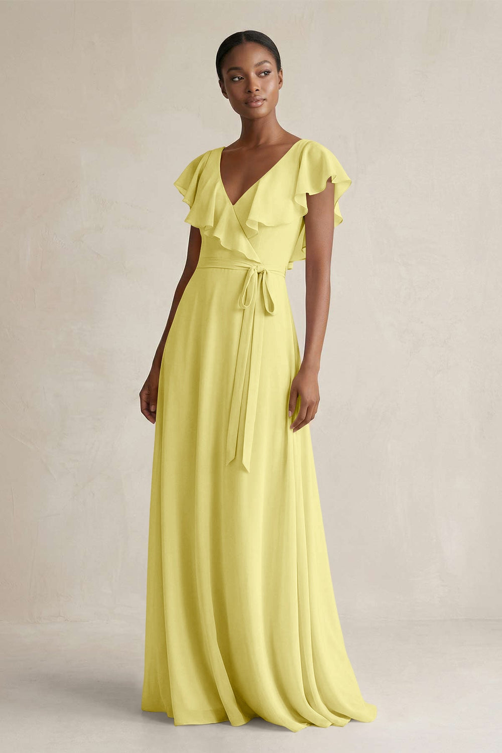 A-Line V-Neck Ruffled Sleeve Chiffon Bridesmaid Dress in Buttercup - KissProm BRIDESMAID DRESSES