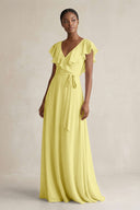 A-Line V-Neck Ruffled Sleeve Chiffon Bridesmaid Dress in Buttercup - KissProm BRIDESMAID DRESSES