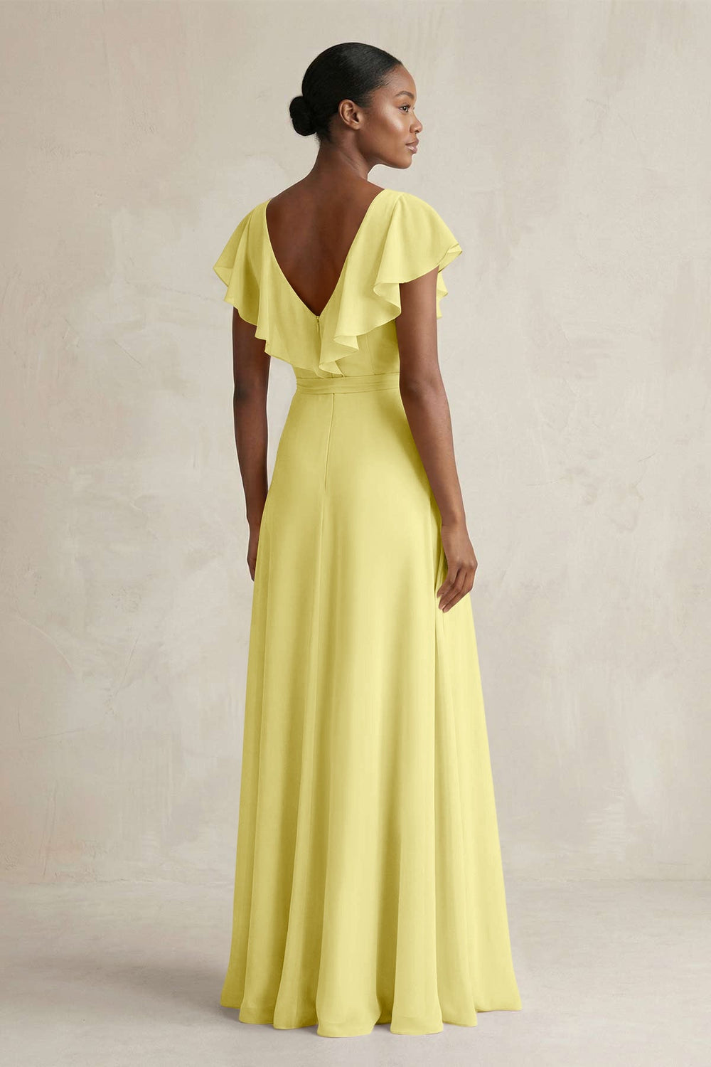 A-Line V-Neck Ruffled Sleeve Chiffon Bridesmaid Dress in Buttercup - KissProm BRIDESMAID DRESSES