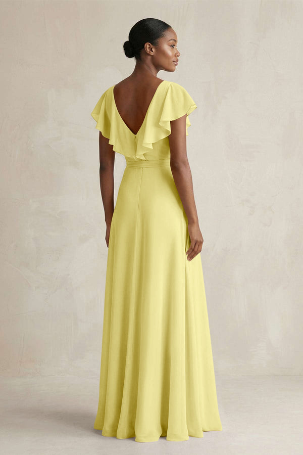 A-Line V-Neck Ruffled Sleeve Chiffon Bridesmaid Dress in Buttercup - KissProm BRIDESMAID DRESSES