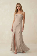 Ruffled Cami Strap Chiffon Sheath Bridesmaid Dress in Almond - KissProm Bridesmaid Dresses